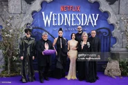Isaac Ordonez, Luis Guzmán, Catherine Zeta-Jones, Jenna Ortega, Victor Dorobantu, Joanna Lumley, and Fred Armisen at the "Wednesday" Season 2, Part 1 Global Premiere