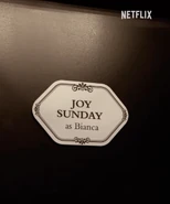 Joy Sunday's name on a door announcing her role as Bianca