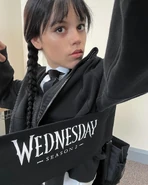 Jenna Ortega sitting in a chair with Wednesday written on the back of it