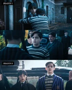 Horizontally split image. Top half is Pugsley hugging Wednesday in season one. Bottom half is Pugsley standing beside Wednesday in his Nevermore Academy uniform