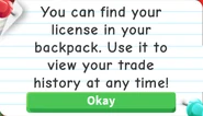 The pop-up players receive after claiming the Trade License.