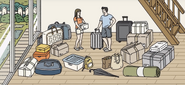 The first glimpse of the room at the beginning of the game. Lucy and Lucas (named by HyperBeard from the game trailer) are surrounded by their luggage.