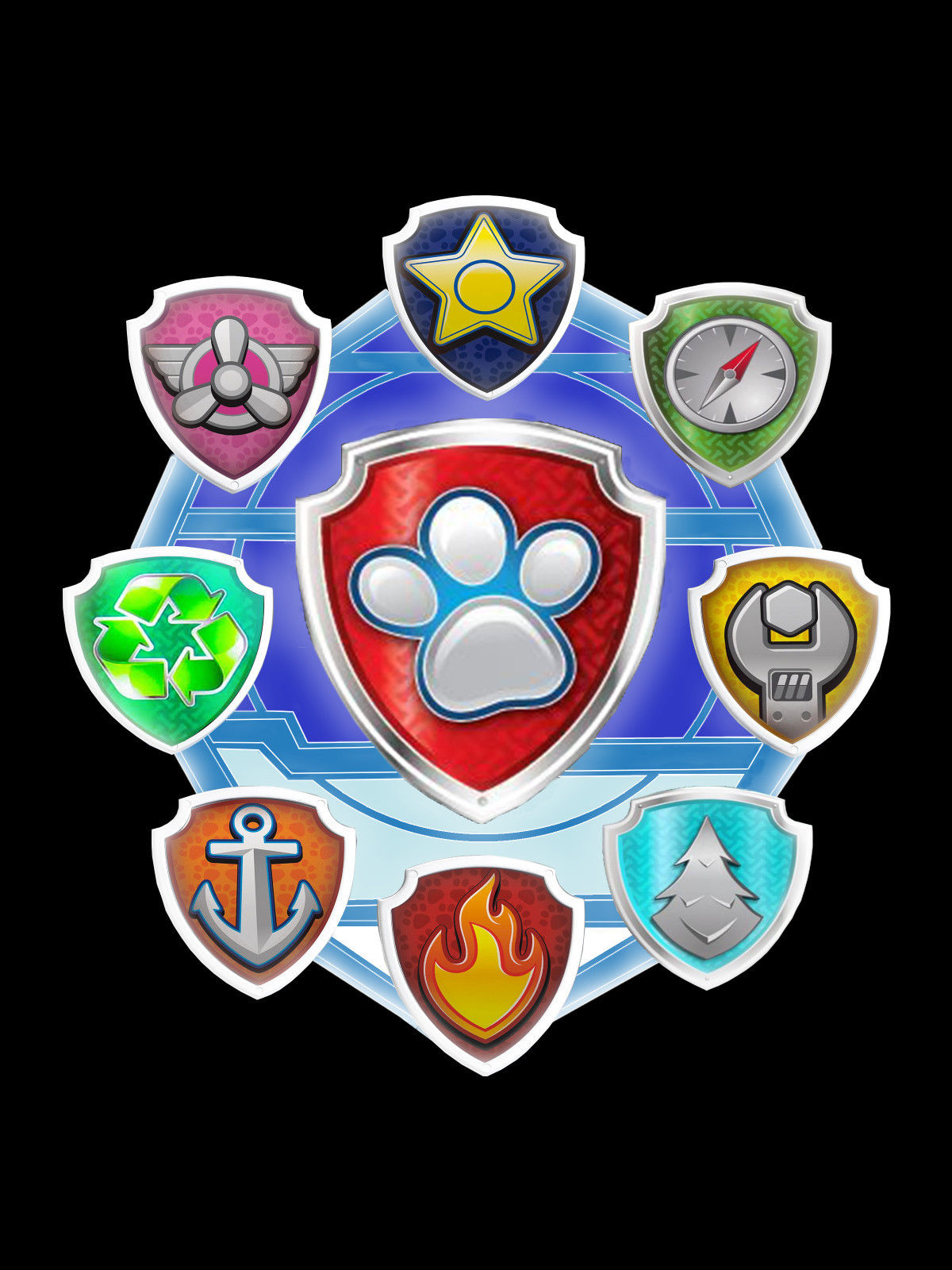 Paw Patrol Badges: Rocky, Skye, Chase, Rubble, Zuma, Marshall