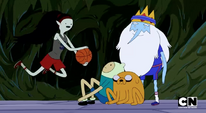 Marceline accompanied by Ice King, Finn, and Jake in "I Remember You"