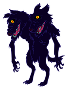 A wolf man with two heads with only one eye