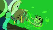 Farmworld Finn grabs Jake from a skeletal Farmworld Marceline in an acidic goo pit.