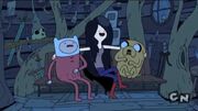 From left to right, Finn, Marceline, Jake