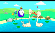 Ice King, Finn and Jake watching the two old swans kiss