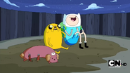 Two Hot Dog Knights, Finn, and Jake sitting next to Hot Dog Princess.