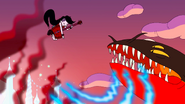 Marceline attacks Larvo with the bass.