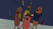 The Hot Dog Knights scared, hoping Finn and Jake won't eat them.