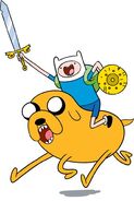 Finn on Jake while holding a shield and sword.