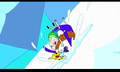 Finn attacking Ice King down a snowy hill