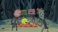 S1e4 tree trunks with sign zombies1