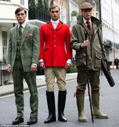 from left to right: suit for the country, fox hunting attire, shooting attire
