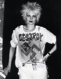 Destroy.png (624 KB) Designer Vivienne Westwood in her infamous "DESTROY" T-shirt (c. 1977), which features a swastika and an inverted crucifix. The design is a primary example of the punk movement's use of fascist iconography for anti-establishment shock value.