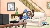 Mordecai and Rigby from Regular Show, sitting on a couch.