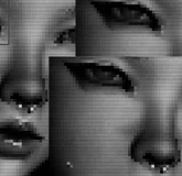 Krushclub (2).jpg (67 KB) Three repeated images of an IMVU model who is zoomed in to show their face. They are pale, have winged eyeliner present, and is sporting a nose piercing. An outline of a grey box is seen around the left eye in one of the images. The image is black and white and has a scanline filter on top of it.