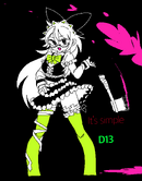 An edit of a drawing of a person in a maid outfit, throwing an axe covered with pink blood behind them.