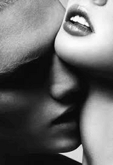 A black and white photograph depicting a gentle kiss on the neck, conveying intimacy and sensuality.