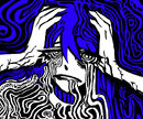 A drawing of a purple-haired person appearing to be melting, with hypnotic imagery.