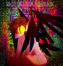 A drawing of a winged creature, with a yellow eye wide open, paired with distorted text and a background.