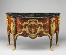 Commode, by Charles Cressent, c.1745-1749, pine and oak veneered with amaranth and bois satiné, drawer bottoms of walnut, drawer sides of oak, drawer fronts of pine, gilt-bronze mounts, marble top