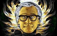 Pixel art portrait of Ray Bradbury, an acclaimed American writer, often associated with the demoscene culture.