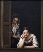 "Two Women at a Window" by Bartolomé Esteban Murillo. This painting offers a glimpse into the everyday fashion of the lower classes during the Spanish Golden Age.