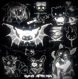 Kc3.jpg (98 KB) Multiple inverted black and white illustrations on top of a black background, all of which are pixelized. Images consist of the following, from left to right and top to bottom; an anime girl, a skull with a bow on it, a heart-patterned knife with a ribbon tied around the handle, Hello Kitty kissing Dear Daniel on the cheek, Kuromi with large bat wings, what appears to be a bunch of markings, a dead bunny's head, a Vulpix from Pokémon wearing a large bow on its neck, a bunny wearing bows around its ears and a heart eyepatch while holding a heart, and an anime-style catgirl in a bikini. Below the image is white text with a black outline reading the artist's name.