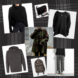 a fashion moodboard with a faint plaid background, depicting a black turtleneck, a walkman, a frayed gray sweater with holes, a person in an oversize tweet jacket over a black shirt, a gray hoodie, a battered backpack, and ripped jeans and Converse