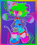 An edit of a drawing of an anthropomorphic animal, with static pouring out of their mouth, a small bloodstain and text reading "HAHA" on both their sleeves.