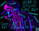A drawing of a crying person looking downwards, screaming, paired with cryptic text and neon outlines.