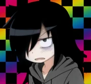 An icon of Tomoko Kuroki looking displeased with a rainbow-checkered background.
