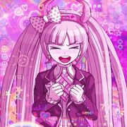 A photo edit of Kotoko Utsugi, a child character from Danganronpa. The photo has artwork of Kotoko surrounded by bright colors and child-like drawings.