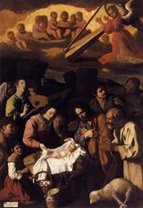 "The Adoration of the Shepherds" by Francisco de Zurbarán. This painting depicts the biblical scene of shepherds visiting the newborn Jesus.