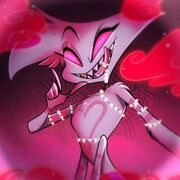 Artwork of the character Angel Dust from Hazbin Hotel. He has completely pink eyes, white fur with pink stripes, and is covered in fairy lights. He is also surrounded by red smoke in this picture.