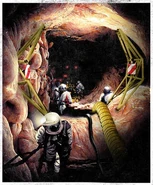 A venterial mining crew enlarges & clears fluid from an existing duct in preparation to move in larger extraction equipment. This work requires considerable skill and a psychological resistance to claustrophobia. (Mystery Flesh Pit National Park)