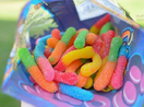 Gummy worms inside of a bag.