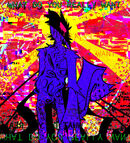 A colorful, glitchy drawing of a purple anthropomorphic being standing up, looking forward with a red eye wide open.