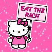 This edit of Hello Kitty, an intellectual property valued $84.5 billion, features the "Eat The Rich" slogan. Such memes, while seemingly offering social commentary, misapply socio-political messages to commercial characters.
