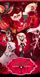 A Hazbin Hotel poster displaying old designs of the show's characters atop the series' logo.