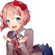 Sprite artwork of Sayori from Doki Doki Literature Club. She has short peach hair with a red bow and wears a grey school uniform.