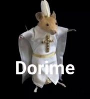 A brown rat stood on two legs. They are dressed up as the pope, the word "Dorime" is displayed in front of them.