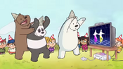 Grizz, Panda and Ice Bear from We Bare Bears playing a Just Dance-esque game at a children's party.