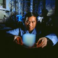 Aerogel's real life appearance, a sample held by Peter Tsou at the Jet Propulsion Laboratory, in the California Institute of Technology.