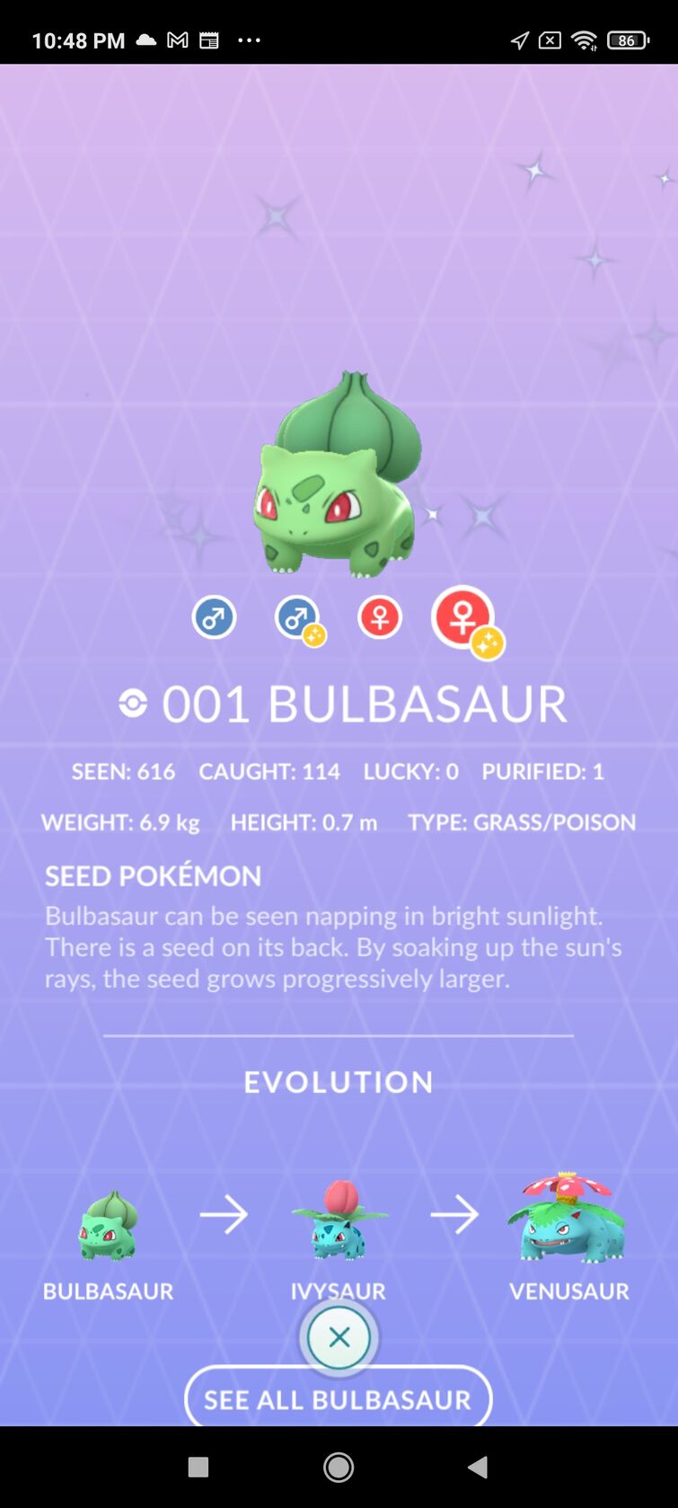 I finally caught a shiny Bulbasaur after 2300+ encounters, 11+