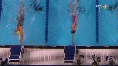 Swimmer on left, from Cal, gets third. Swimmer on right gets onto her side and touches second and gets to go to the 2016 Olympics. Swimmer who won was already finished with the race