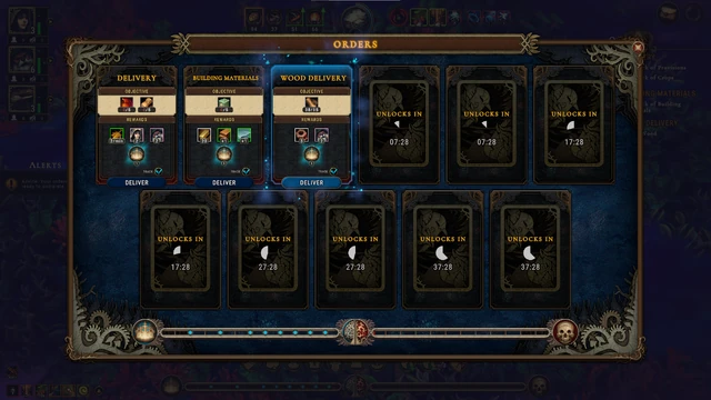 The orders screen, three revealed cards. One card has blue highlighted borders and enabled deliver button beneath it.