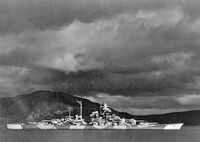 The second Bismarck-class battleship, KMS Tirpitz at sea near the Norwegian coast.
